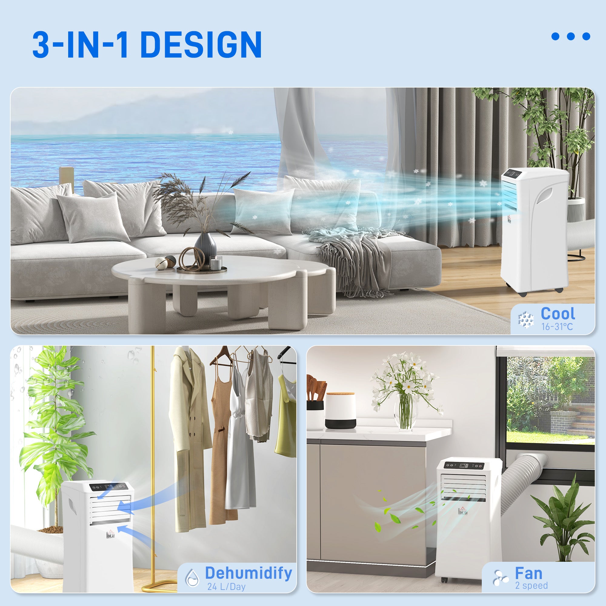 HOMCOM 9000 BTU Air Conditioning Unit, 3-in-1 Portable Air Conditioner, Dehumidifier, Cooling Fan with Remote Control, Digital Display, 2 Speeds, 24H Timer, Window Venting Kit, 28m²